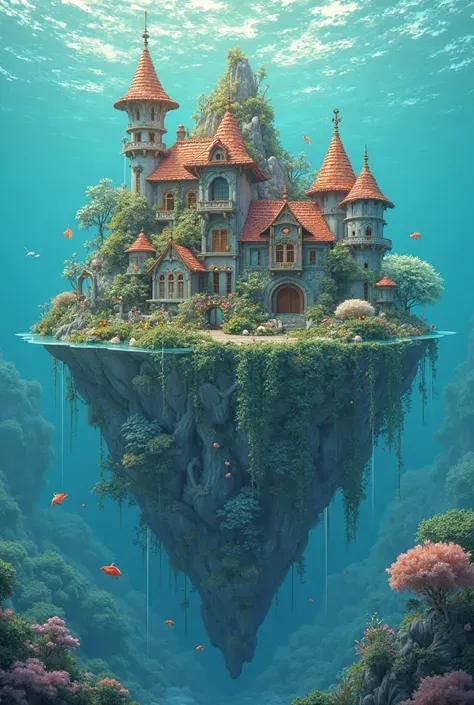 colours (fanciful: 1.2), (In Studio Ghibli style), (Irregular architecture floating on the sea), Patchwork cottage, floral decorations, optic, Andreas Rocha style conceptual art,  Artstation Contest Winning Entries  , fanciful art, (an underwater city), Ch...