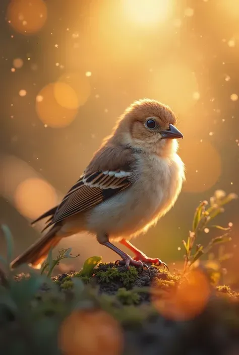 A charming close-up portrait，Showing a beautiful bird，Illuminated by soft golden light on a quiet morning，The bokeh ball gently frames its petite body