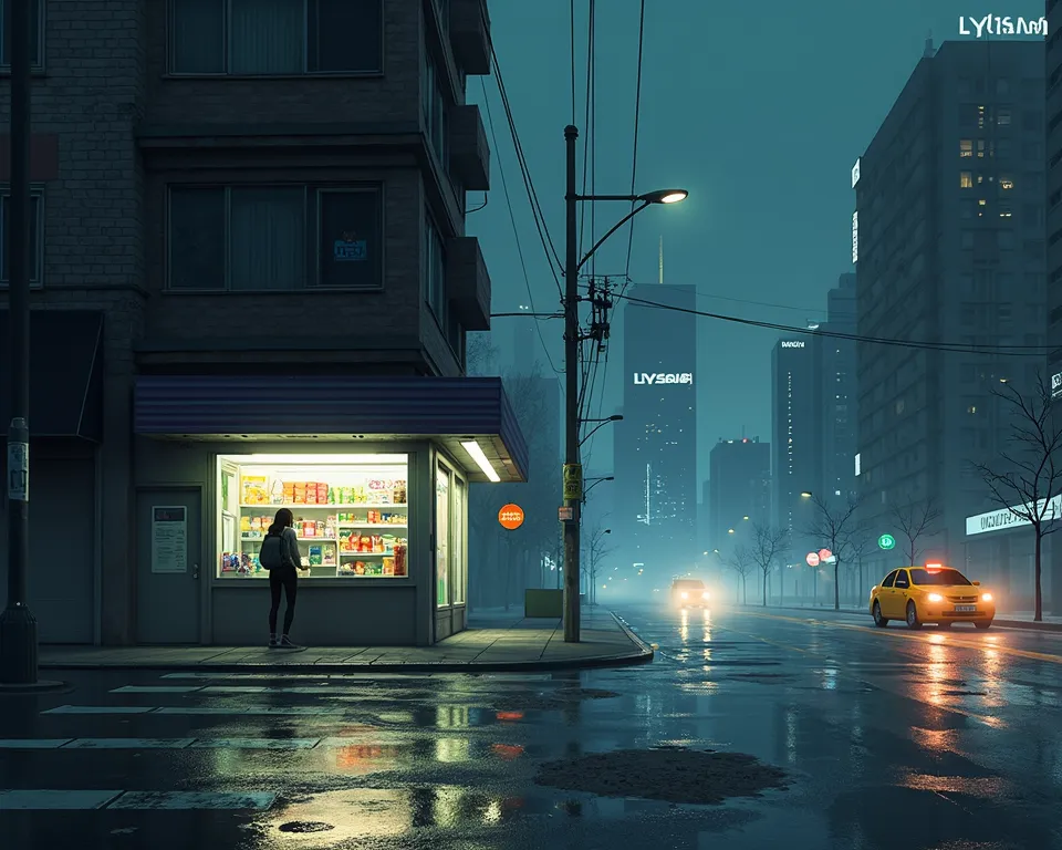 Reflections of city lights bounce off the wet pavement