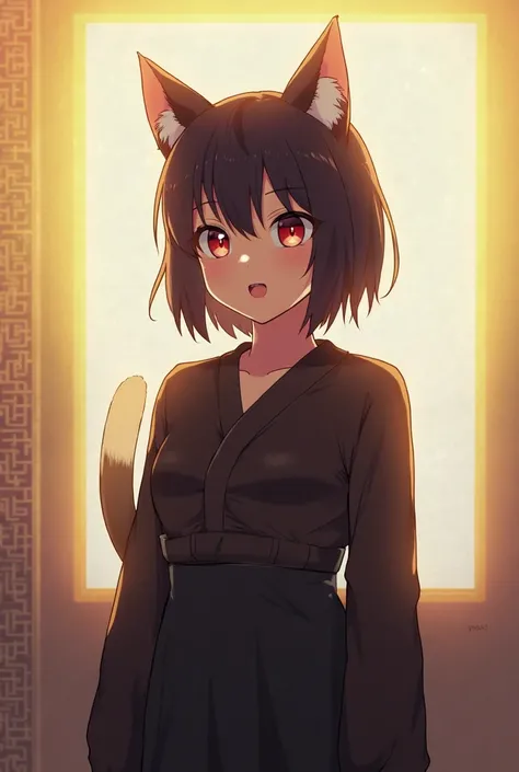 Dagasi art, (((Tops))), Alone, (Focus on the upper body), standing, Look to the side, (hairy), cat ears, short hair, ojos rosados, (( pure black fur )), (body coat), (smooth coat), (long skirt), flat breasted, [very detailed skin Blush], Open-mouthed smile, (Under the sun), ray tracing, Chiaroscuro,