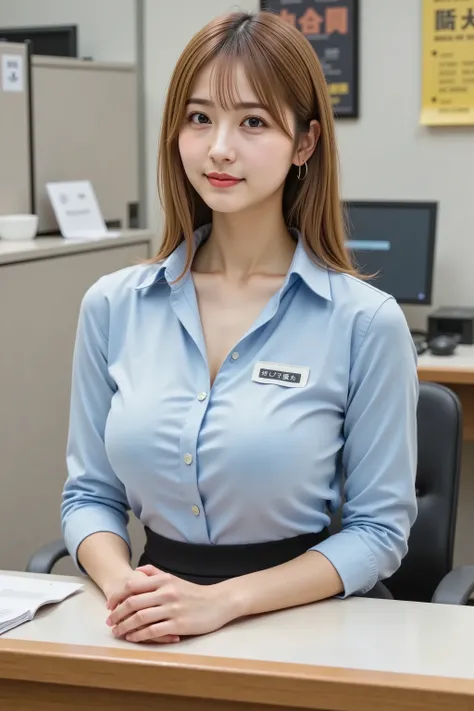 Catherine,hair styled in aplatinum blonde, gold hair, professional photography, masterpiece, high resolution, an upper body portrait of a 20-year-old polite Japanese woman with a kind and helpful smail, working as a public servant at a city hall counter. S...