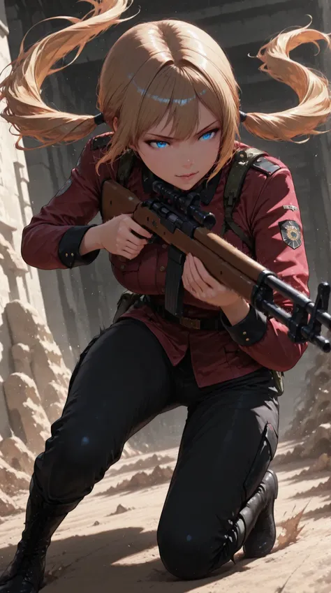detailed face, (anime, masterpiece, intricate:1.3), (best quality, hires textures, high detail:1.2), (4k),(incredibly detailed:1.4),detailed eyes, realistic shadow,  1girl,female soldier,gold long hair, pigtails hair,detail eyes,iris,red military uniform, ...