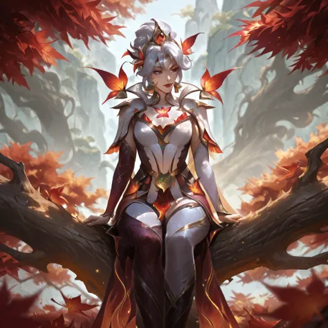 Make the character similar to Camellya, sitting on a tree trunk, na copa dela, entre os galhos. The tree has red leaves. There is a futuristic touch in their clothes and scenery.