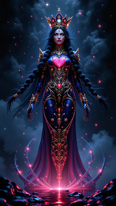 The Queen of Hearts playing card transforms into a 3D hologram that appears to be made of cosmic energy. As the Queen emerges, stars and galaxies swirl around her, creating a sense of traveling through the universe. The Queen's attire is adorned with celes...