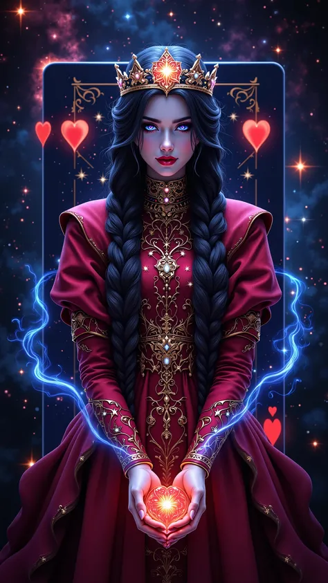 The Queen of Hearts playing card transforms into a 3D hologram that appears to be made of cosmic energy. As the Queen emerges, stars and galaxies swirl around her, creating a sense of traveling through the universe. The Queen's attire is adorned with celes...