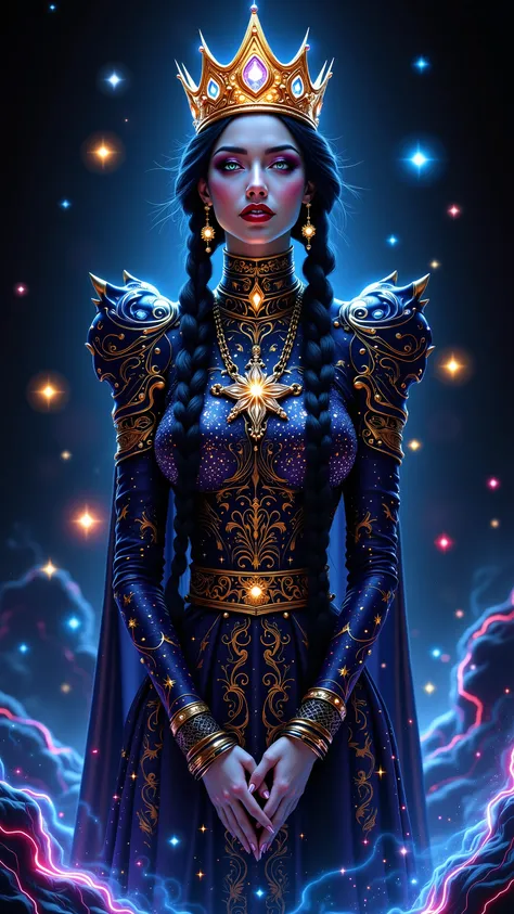 The Queen of Hearts playing card transforms into a 3D hologram that appears to be made of cosmic energy. As the Queen emerges, stars and galaxies swirl around her, creating a sense of traveling through the universe. The Queen's attire is adorned with celes...