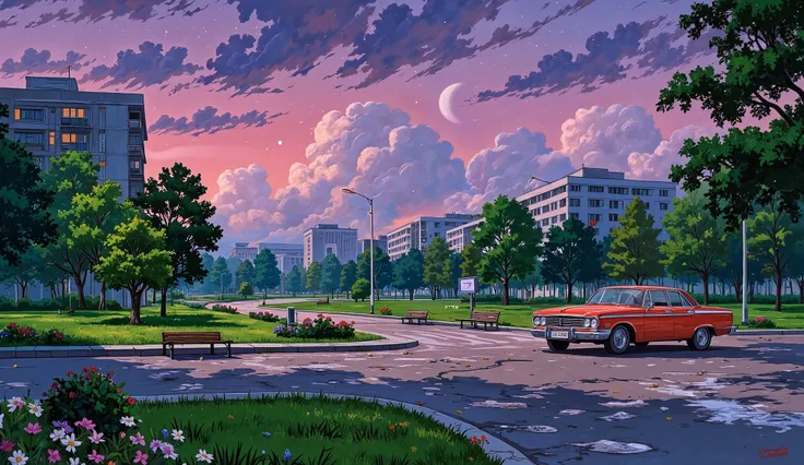 landscape, street, USSR vibes, panel buildings:2.5, panelki:2.5, many floors, many green trees, pink evening, stars, moon, , summer, puddles on the asphalt, cloudy:1.5, grass, crossroad:1.5, cracks in the asphalt:0.5, park:0.15, flowers:0.25, constructivis...
