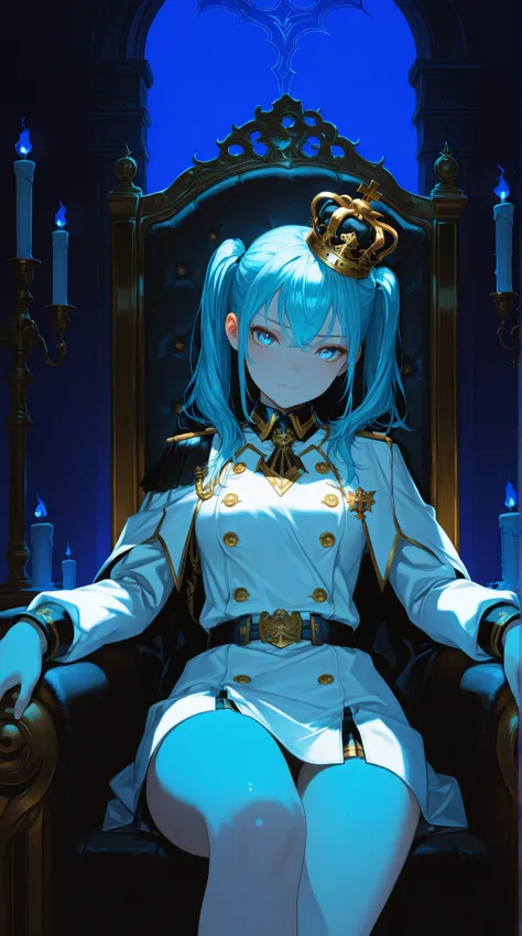 anime art, masterpiece, incredible quality, high resolution, a girl, hairstyle twin pigtails color sky blue, eyes bright very intense sky blue color, she has an arrogant face, She has a crown, white military clothing,black and gold, she sits on a throne, a candle light that creates soft shadows, dark palace background