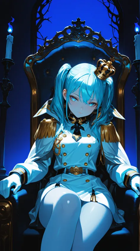 anime art, masterpiece, incredible quality, high resolution, a girl, hairstyle twin pigtails color sky blue, eyes bright very intense sky blue color, she has an arrogant face, She has a crown, white military clothing,black and gold, she sits on a throne, a candle light that creates soft shadows, dark palace background