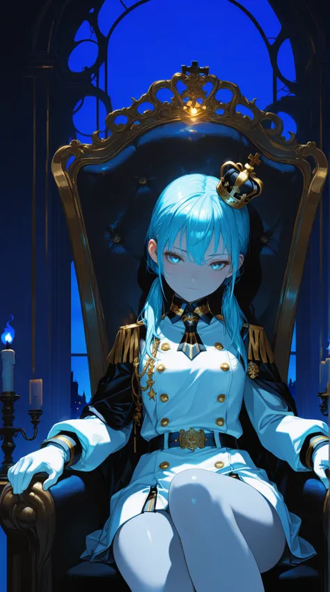 anime art, masterpiece, incredible quality, high resolution, a girl, hairstyle twin pigtails color sky blue, eyes bright very intense sky blue color, she has an arrogant face, She has a crown, white military clothing,black and gold, she sits on a throne, a candle light that creates soft shadows, dark palace background