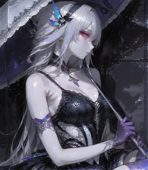 skirk (genshin impact) a  beautiful mature woman with pale skin and grey hair, (ethnicity:1.2), (detailed clothing:1.2), (accessories:1.1), (facial features:1.3), (expression:1.2), (body type:1.1), (pose:1.2), wearing ornate, spider-web-patterned wedding d...