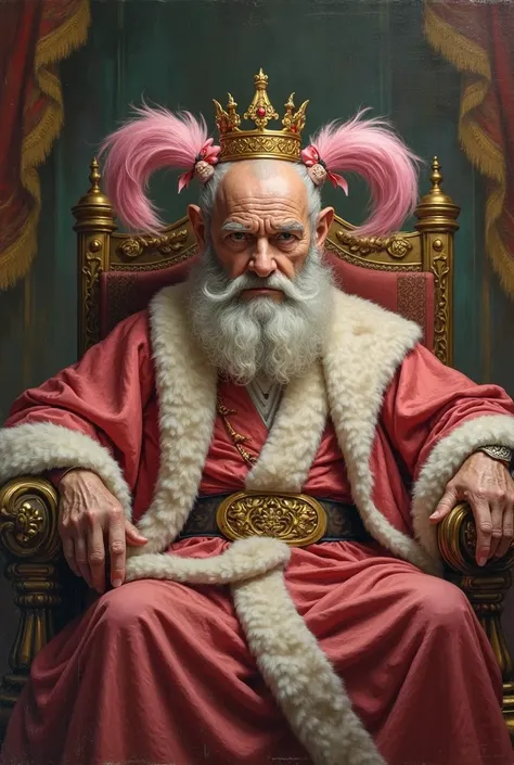 A classical oil painting style portrait of a clearly middle-aged male king — with a rugged, wrinkled face, a strong jawline, thick beard, and a powerful, broad-shouldered build. He sits on a grand throne, wearing a luxurious royal robe and an ornate golden...