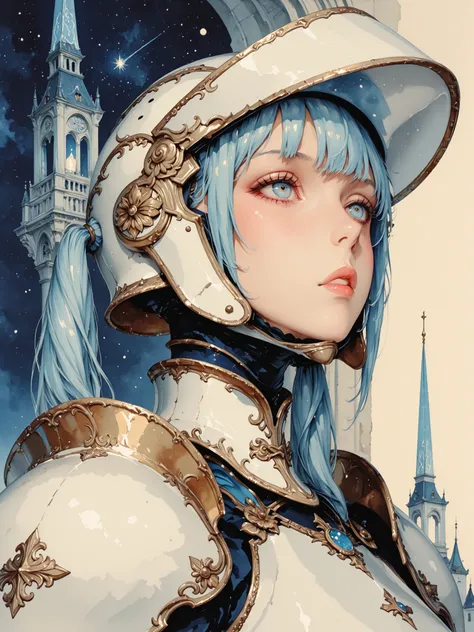 ,close_up face,748cmstyle,Watercolor,(masterpiece, ultra-detailed, high-quality, 8k), A cool and stylish knight with armor design inspired by twin tails, detailed, high resolution, with a sleek, modern twist in a futuristic setting. The knight's armor is a...