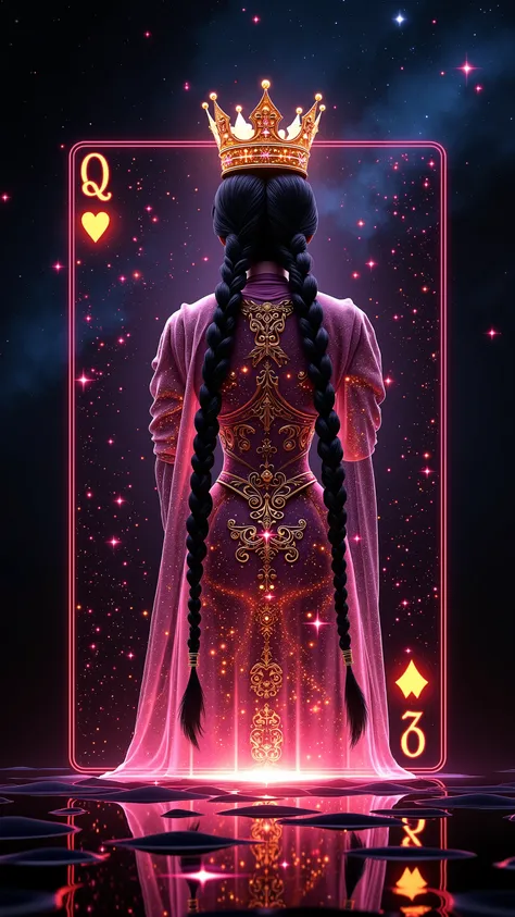 The Queen of Hearts playing card transforms into a 3D hologram that appears to be made of cosmic energy. As the Queen emerges, stars and galaxies swirl around her, creating a sense of traveling through the universe. The Queen's attire is adorned with celes...