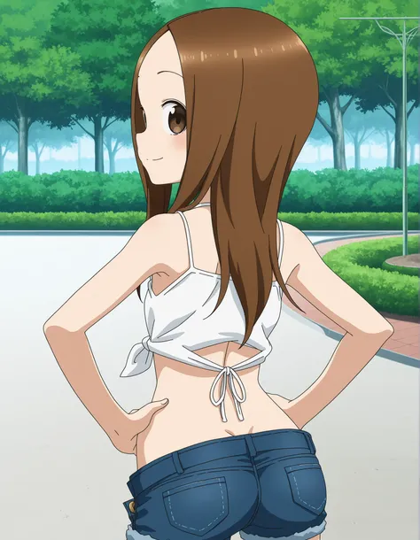 anime screencap, score_9, score_8_up, score_7_up, source_anime,BREAK,takagi-san, 1girl, solo, long hair,BREAK,(denim hot pants,tight),(low-rise:1.5),(hip-hang:1.5),summer style clothes,BREAK,smile,BREAK,standing,hands on hips,BREAK,cowboy shot,looking at v...