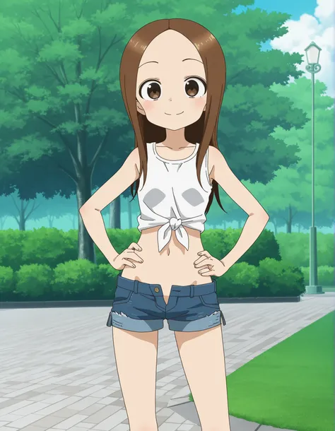 anime screencap, score_9, score_8_up, score_7_up, source_anime,BREAK,takagi-san, 1girl, solo, long hair,BREAK,(denim hot pants,tight),(low-rise:1.5),(hip-hang:1.5),summer style clothes,BREAK,smile,BREAK,standing,hands on hips,BREAK,cowboy shot,looking at v...