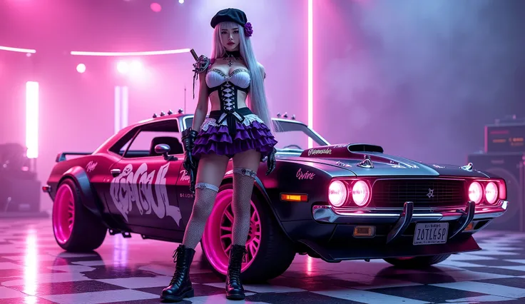 A fierce East Asian rocker girl with long hair, silvery-white hair flowing, wearing a stylish black beret decorated with a dark violet flower. She sits confidently next to a, customized anime-themed muscle car with glowing pink and roxo neon rims, heart de...