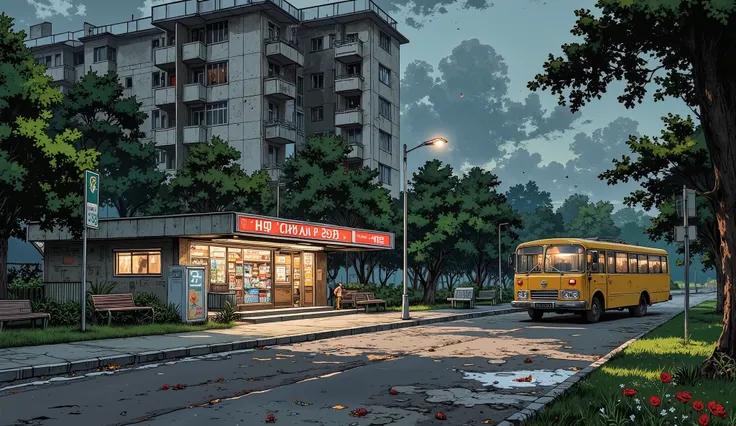 landscape, street, USSR vibes, panel buildings:2.5, panelki:2.5, many floors, many green trees, night, summer, puddles on the asphalt, cloudy:1.5, grass, crossroad:1.5, cracks in the asphalt:0.5, soviet-style concrete fence:0.15, flowers:0.25, constructivi...