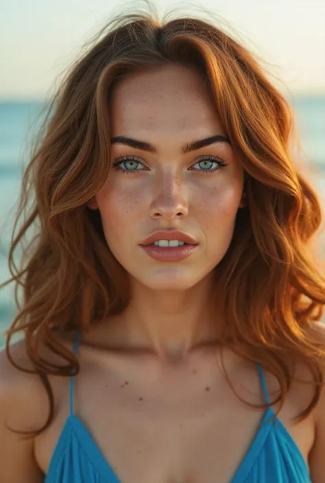 Megan Fox Natalee cinematográfico, realista, close-up, cinematic documentary of a realista photo of a 20-year-old french girl, rosto bonito, aparência elegante, usando Vestido de Luz Azul, cabelo ruivo muito longo quase laranja cacheado, uma pequena trança...