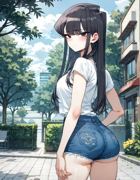 score_9, score_8_up, score_7_up,anime coloring,ultra-detailed,official art,best quality,good quality,BREAK,(nsfw:1.5)1girl,solo,komi_shouko, black eyes, black hair, long hair,BREAK,(denim hot pants,tight),(low-rise:1.5),(hip-hang:1.5),summer style clothes,...