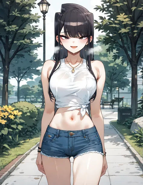 score_9, score_8_up, score_7_up,anime coloring,ultra-detailed,official art,best quality,good quality,BREAK,(nsfw:1.5)1girl,solo,komi_shouko, black eyes, black hair, long hair,BREAK,(denim hot pants,tight),(low-rise:1.5),(hip-hang:1.5),summer style clothes,...