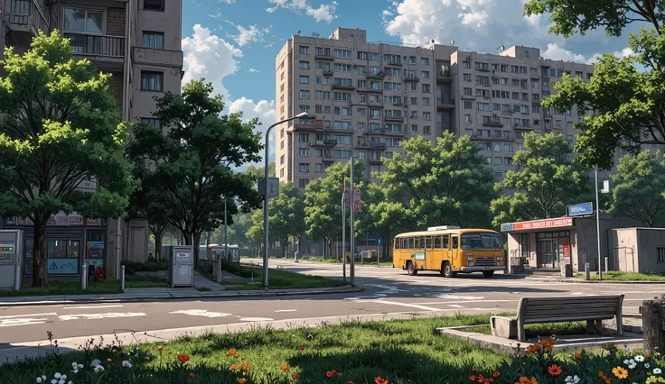 landscape, street, USSR vibes, panel buildings:2.5, panelki:2.5, many floors, many green trees, night, summer, puddles on the asphalt, cloudy:1.5, grass, crossroad:1.5, cracks in the asphalt:0.5, soviet-style concrete fence:0.15, flowers:0.25, constructivi...