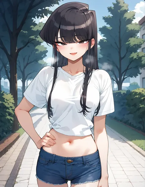 score_9, score_8_up, score_7_up,anime coloring,ultra-detailed,official art,best quality,good quality,BREAK,(nsfw:1.5)1girl,solo,komi_shouko, black eyes, black hair, long hair,BREAK,(denim hot pants,tight,Open the fly,lower ),(low-rise:1.5),(hip-hang:1.5),s...