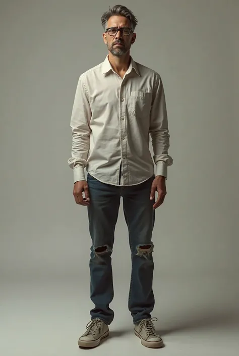 An image of a person with one foot wider than the other who has glasses and a man