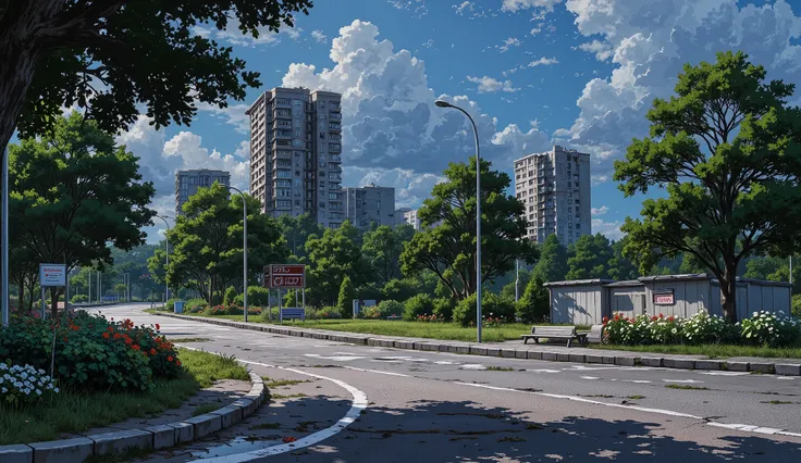 landscape, street, USSR vibes, panel buildings:2.5, panelki:2.5, many floors, many green trees, night, summer, puddles on the asphalt, cloudy:1.5, grass, crossroad:1.5, cracks in the asphalt:0.5, soviet-style concrete fence:0.15, flowers:0.25, constructivi...