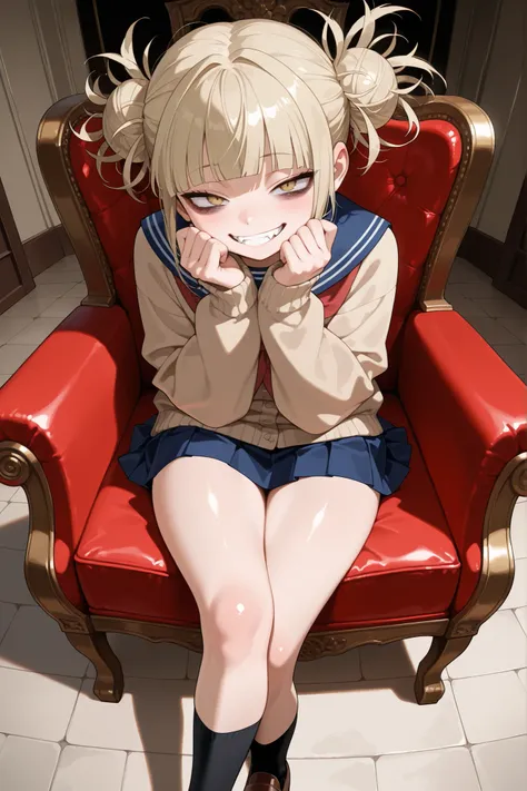 masterpiece, best quality, amazing quality, one woman, solo, street, cowboy shot, shiny skin, perspective, Himiko Toga, yellow eyes, narrow pupils, bags under eyes, blonde hair, side locks, short hair with bangs, narrowed eyes, double bun, odango hair, mes...