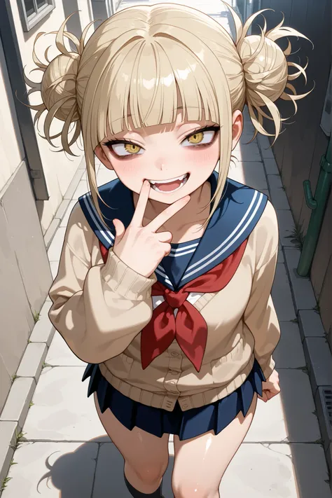Masterpiece, best quality, amazing quality, one girl, solo, street, cowboy shot, shiny skin, perspective, Himiko Toga, yellow eyes, narrow pupils, blonde hair, side locks, short hair with bangs, narrow eyes, double bun, odango hair, messy hair, brown cardi...