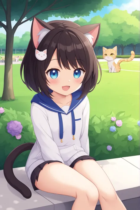 one person、cute、sitting in a park where hydrangeas are blooming。There's a cat next door。