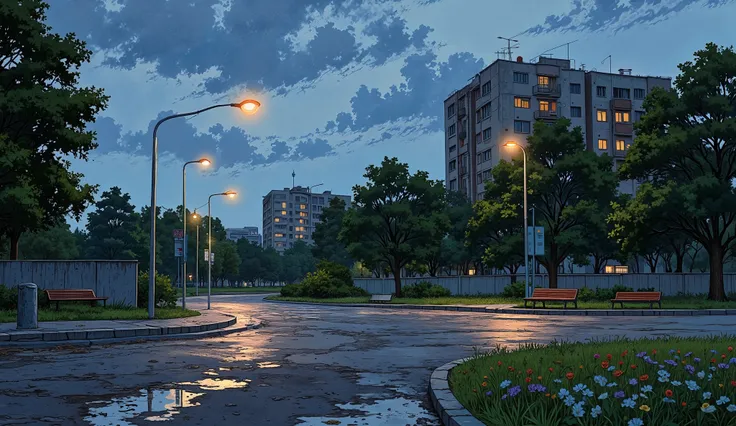 landscape, street, USSR vibes, panel buildings:2.5, panelki:2.5, many floors, many green trees, night, summer, puddles on the asphalt, cloudy:1.5, grass, crossroad:1.5, cracks in the asphalt:0.5, soviet-style concrete fence:0.15, flowers:0.25, constructivi...