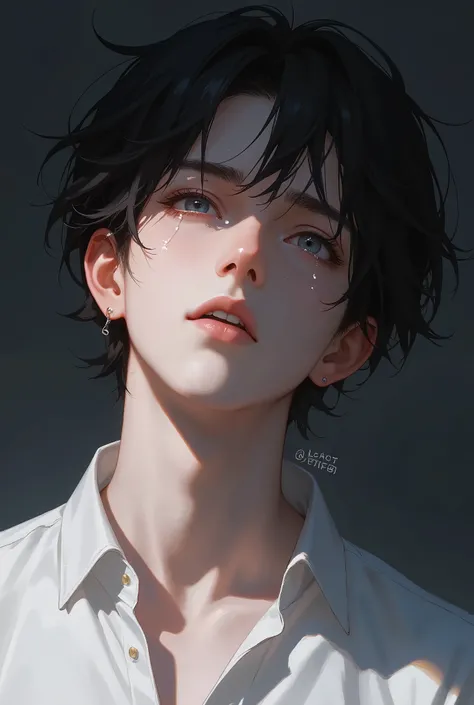 Rapaz jovem. messy black hair. Anime. Blusa branca. Chorando. Olhos profundos