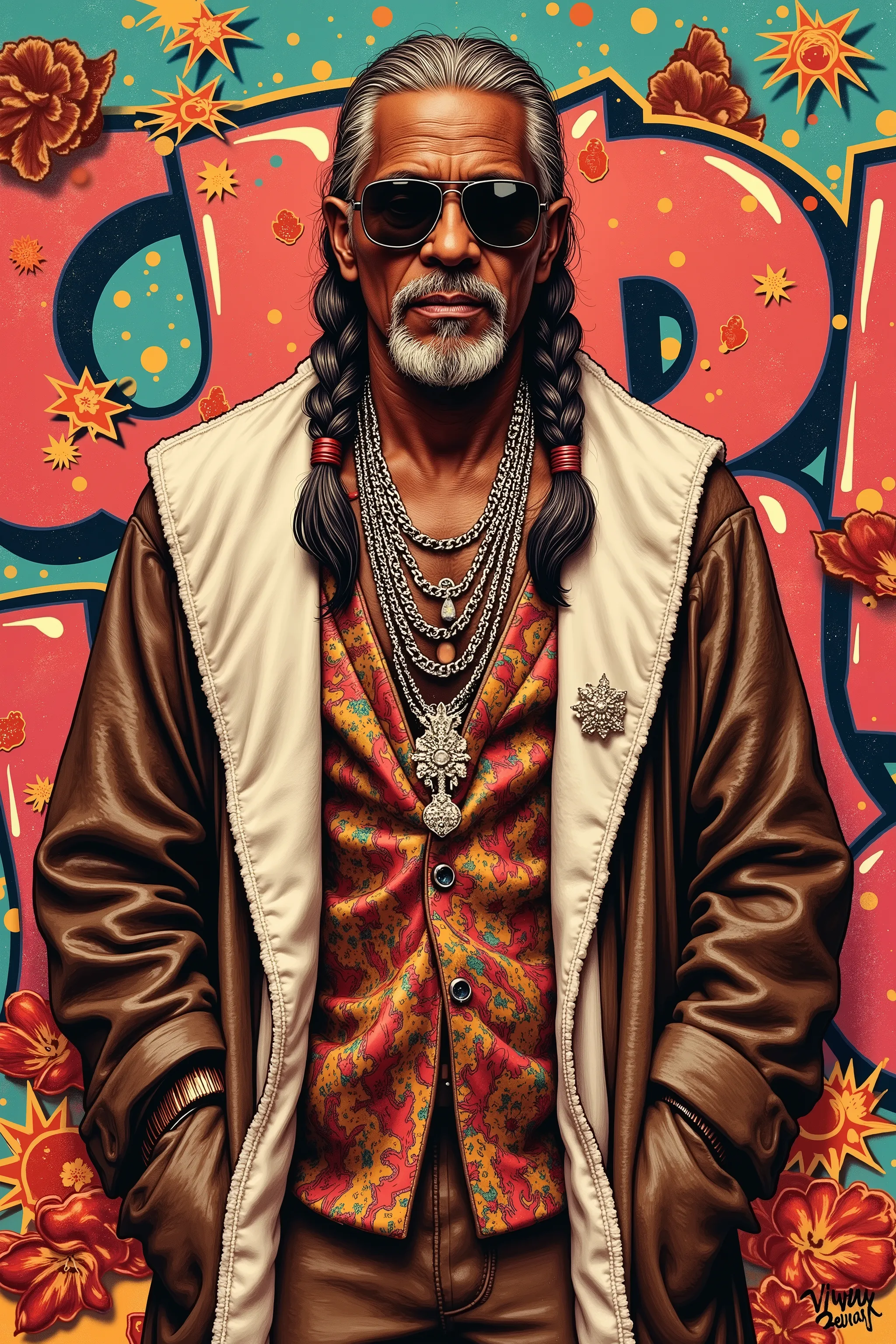 1 black old man,wearing sunglasses,(Braided low twintails),wearing robe,bling-bling,Graffiti Art background,hiphop fashion and culture,
