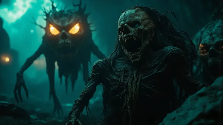 A mysterious figure is pictured with long, tendril-like pieces of matted hair. The scene is bathed in an eerie teal glow, adding to the ethereal atmosphere. The figure's skin is a pale, muted color, contrasting with the vibrant background. Fingers are very...