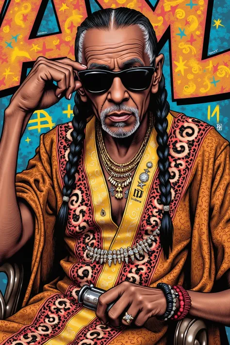 1 black old man,wearing sunglasses,(Braided low twintails),wearing robe,bling-bling,Graffiti Art background,hiphop fashion and culture,