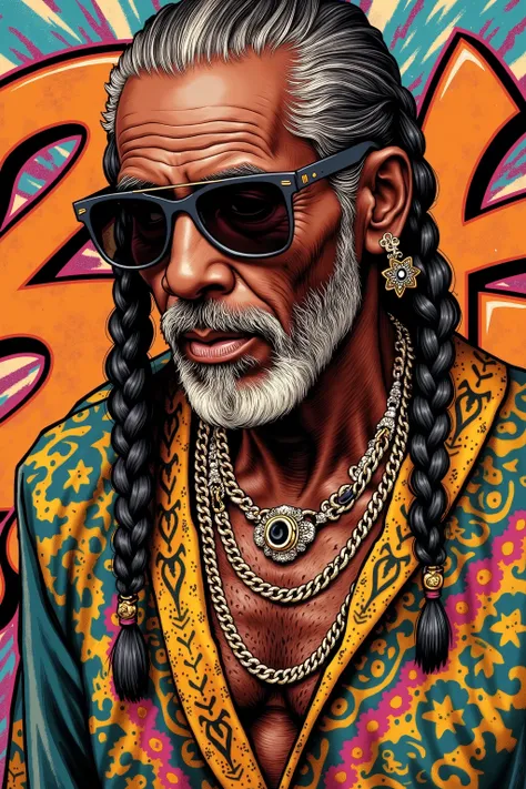1 black old man,wearing sunglasses,(Braided low twintails),wearing robe,bling-bling,Graffiti Art background,hiphop fashion and culture,