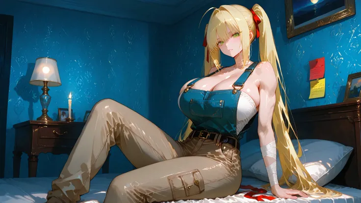nero claudius (fate)  a  beautiful youth woman sitting on a bed in a cluttered room, holding a bandaged arm.  who appears to be a muscular famale, is positioned in the middle of the image, with a determined expression on his face. he is wearing a pair of b...