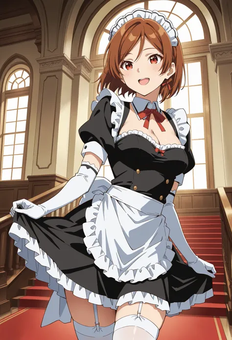 Score_9, score_8_up, score_7_up, source_anime, Sakuraimori Akane, solo, red eyes, brown hair, short hair, medium breasts, (best quality), (high quality), {masterpiece}, extremely delicate and beautiful, ultra-detailed, beautiful detailed eyes, maid, black ...