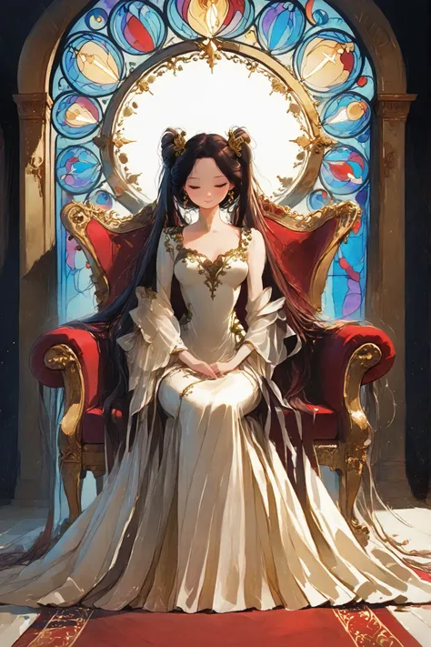 A majestic empress sitting on a grand, ornate throne, dressed in a luxurious royal gown adorned with intricate golden embroidery and gemstones. She has long hair styled into high twin ponytails, flowing gracefully down her shoulders, with elegant hair orna...