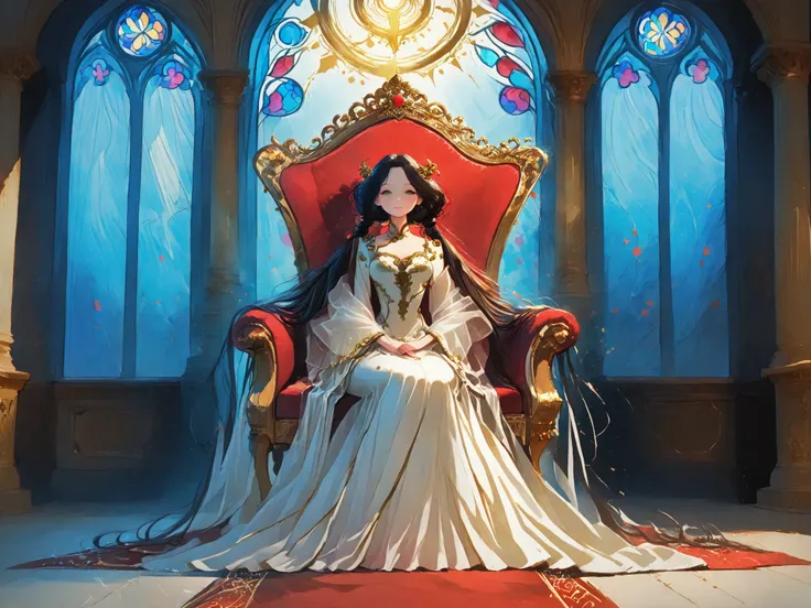 A majestic empress sitting on a grand, ornate throne, dressed in a luxurious royal gown adorned with intricate golden embroidery and gemstones. She has long hair styled into high twin ponytails, flowing gracefully down her shoulders, with elegant hair orna...
