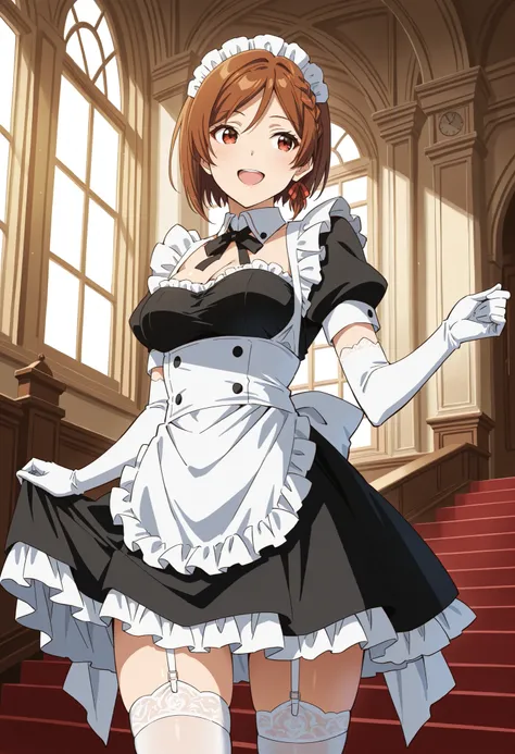 Score_9, score_8_up, score_7_up, source_anime, Sakuraimori Akane, solo, red eyes, brown hair, short hair, medium breasts, (best quality), (high quality), {masterpiece}, extremely delicate and beautiful, ultra-detailed, beautiful detailed eyes, maid, black ...