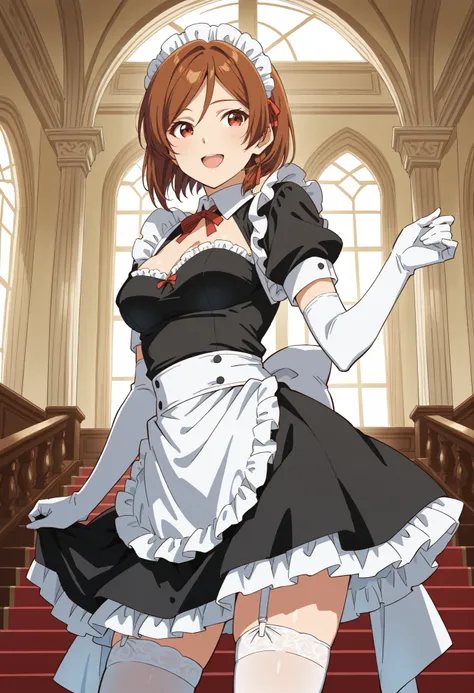 Score_9, score_8_up, score_7_up, source_anime, Sakuraimori Akane, solo, red eyes, brown hair, short hair, medium breasts, (best quality), (high quality), {masterpiece}, extremely delicate and beautiful, ultra-detailed, beautiful detailed eyes, maid, black ...