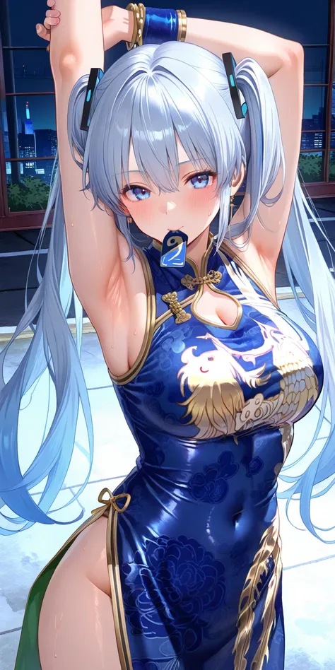 Ultra Fine､Ultra Fine、standing、street、upper body up、Rayfan solo、DOA's Ray Fan（23 year old beauty､ Mouth open 、blue Chinese clothes with gold lines、waistband、twin tails，少し長めのtwin tailsの巻き髪､The hair is blue and white twist、Blue Bangle ）