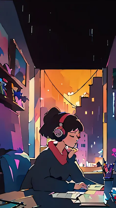 meditating in her room, dream, wear headphones, night light, Neon scenery on a rainy day, analog color theme, lo-fi hip hop , retrospective exhibition, flat at honny, 2.5d ,Draw a line, Ink drawing, Large incline, watercolor, Goosh Colors, Studio Ghibli S...