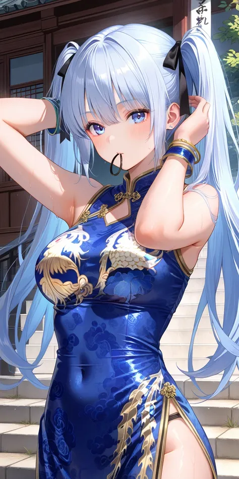 Ultra Fine､Ultra Fine、standing、street、upper body up、Rayfan solo、DOA's Ray Fan（23 year old beauty､ Mouth open 、blue Chinese clothes with gold lines、waistband、twin tails，少し長めのtwin tailsの巻き髪､The hair is blue and white twist、Blue Bangle ）