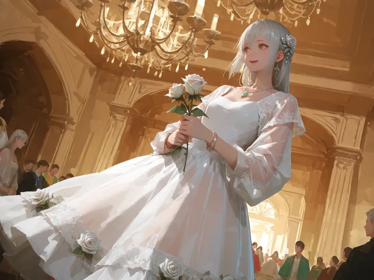 medium shot, dutch angle, makes an aesthetic, Master piece, Best Quality, ultra detailed, a beautiful girl, solo, long silver hair, silky straight hair, hair ornament with gem stone, beautiful brown eyes, white and violet princess dress, frilled dress, see...