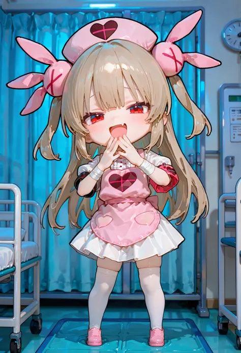 natori sana, red eyes, Hospital room。Standing。 deformed illustration。 big head。hands around your mouth。laughing