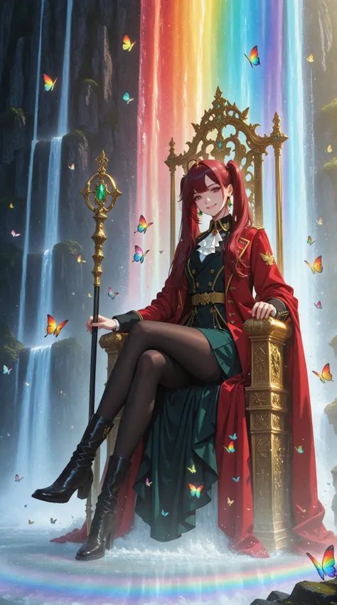 Effect, rainbow effect, butterfly effect, rainbow waterfall, rainbow butterfly, A beautiful 30 year old empress with elegant high twin tails, black or dark red hair, one side ahoge symbolizing royalty, graceful and poised, sitting on an ornate golden throne, wearing a white and gold military style empire dress coat, black tights and long boots, subtle makeup, emerald earrings, holding a scepter, surrounded by rainbow butterflies, with a sparkling rainbow waterfall in the background, in a grand fantasy palace setting, soft ambient lighting, anime style, full body, looking down kindly with a noble smile.